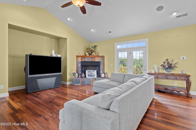 9406 Voyagers Way, Wilmington, NC 28412 - living area with ceiling fan, a fireplace, wood finished floors, lofted ceiling, and recessed lighting