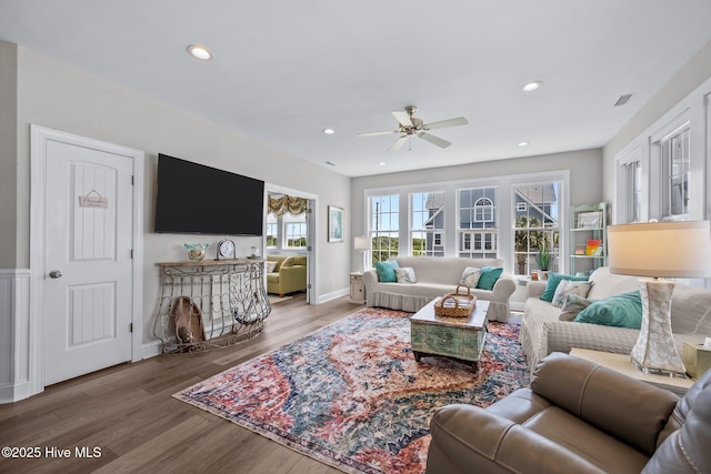 4340 Island Dr, North Topsail Beach, NC 28460 - living room featuring ceiling fan, wood finished floors, and recessed lighting