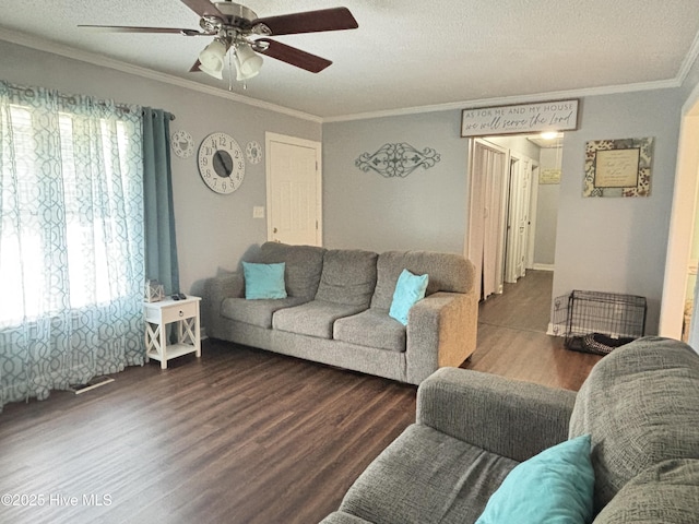 103 Jay Trl, Murfreesboro, NC 27855 - living room featuring wood finished floors, a ceiling fan, crown molding, and a textured ceiling