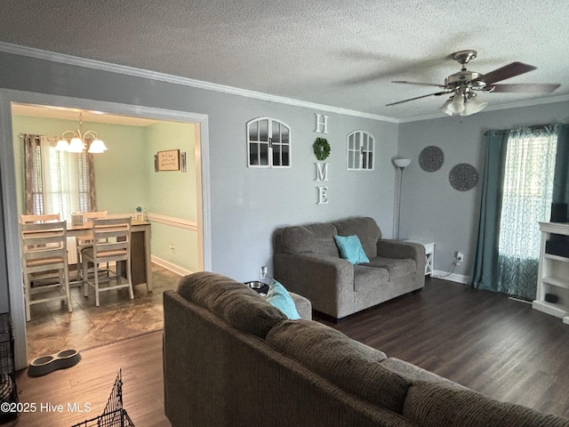 103 Jay Trl, Murfreesboro, NC 27855 - living area featuring ornamental molding, wood finished floors, a chandelier, a textured ceiling, and ceiling fan