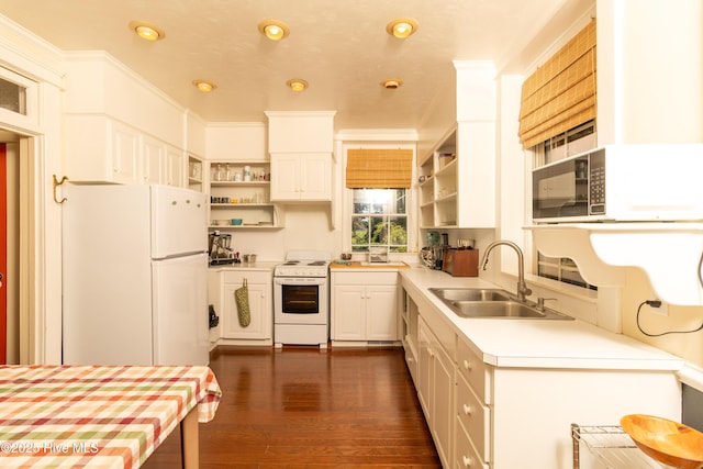 119 S Main St, Colerain, NC 27924 - kitchen featuring white appliances, open shelves, light countertops, crown molding, and white cabinetry