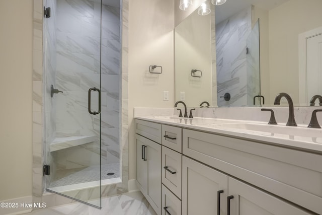 1326 New River Inlet Rd, North Topsail Beach, NC 28460 - full bathroom featuring a stall shower, double vanity, and marble look tile flooring