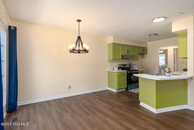 5025 NC Highway 55 E, New Bern, NC 28560 - kitchen with electric range, green cabinets, under cabinet range hood, dark wood-style flooring, and a peninsula