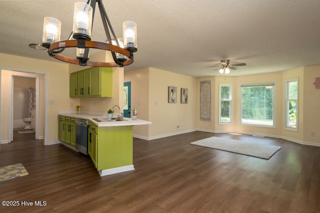 5025 NC Highway 55 E, New Bern, NC 28560 - kitchen featuring green cabinetry, stainless steel dishwasher, a textured ceiling, ceiling fan, and light countertops