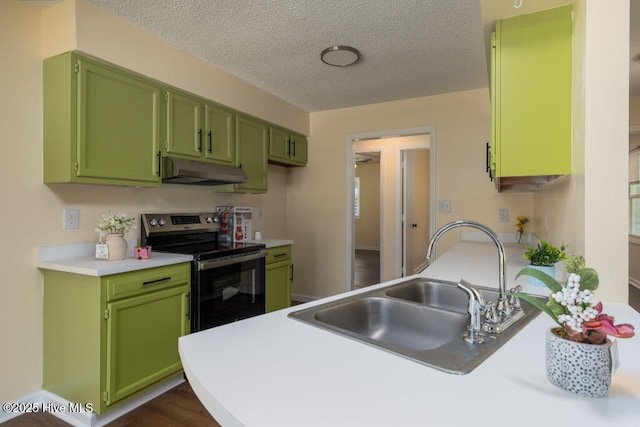 5025 NC Highway 55 E, New Bern, NC 28560 - kitchen featuring stainless steel electric range, under cabinet range hood, green cabinetry, a textured ceiling, and light countertops