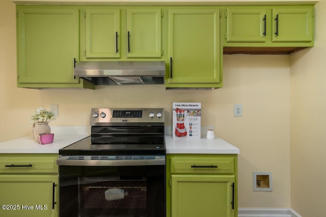 5025 NC Highway 55 E, New Bern, NC 28560 - kitchen with stainless steel range with electric cooktop, ventilation hood, light countertops, and green cabinetry