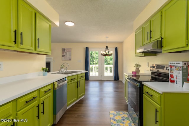5025 NC Highway 55 E, New Bern, NC 28560 - kitchen featuring electric range oven, stainless steel dishwasher, a chandelier, under cabinet range hood, and light countertops