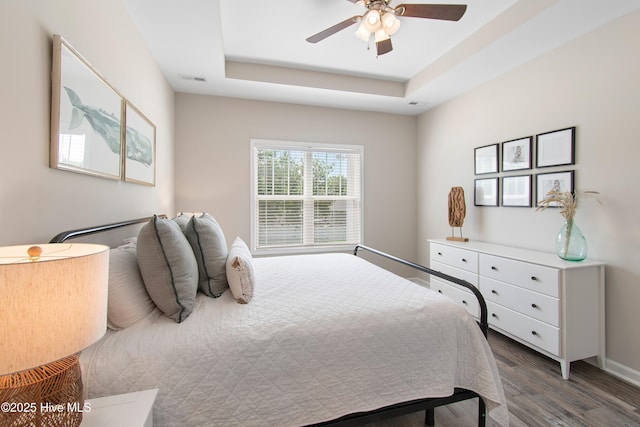 109 SW 17th St, Oak Island, NC 28465 - bedroom with wood finished floors, a tray ceiling, and ceiling fan