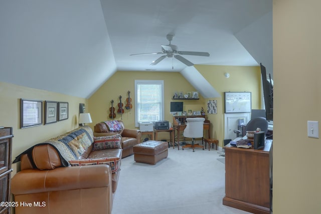 107 Sea Turtle Cv, Sneads Ferry, NC 28460 - living area featuring carpet floors, ceiling fan, lofted ceiling, and a desk