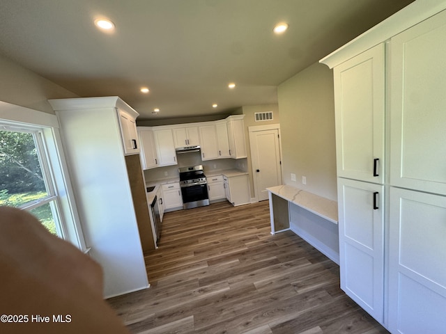 317 Whitfield Dr, Goldsboro, NC 27530 - kitchen with stainless steel range with electric stovetop, white cabinetry, recessed lighting, dark wood finished floors, and light stone countertops