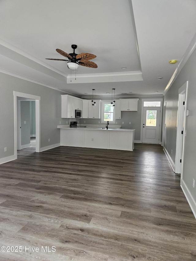 7151 Dale Ave SW, Ocean Isle Beach, NC 28469 - unfurnished living room with a raised ceiling, crown molding, ceiling fan, and dark wood finished floors