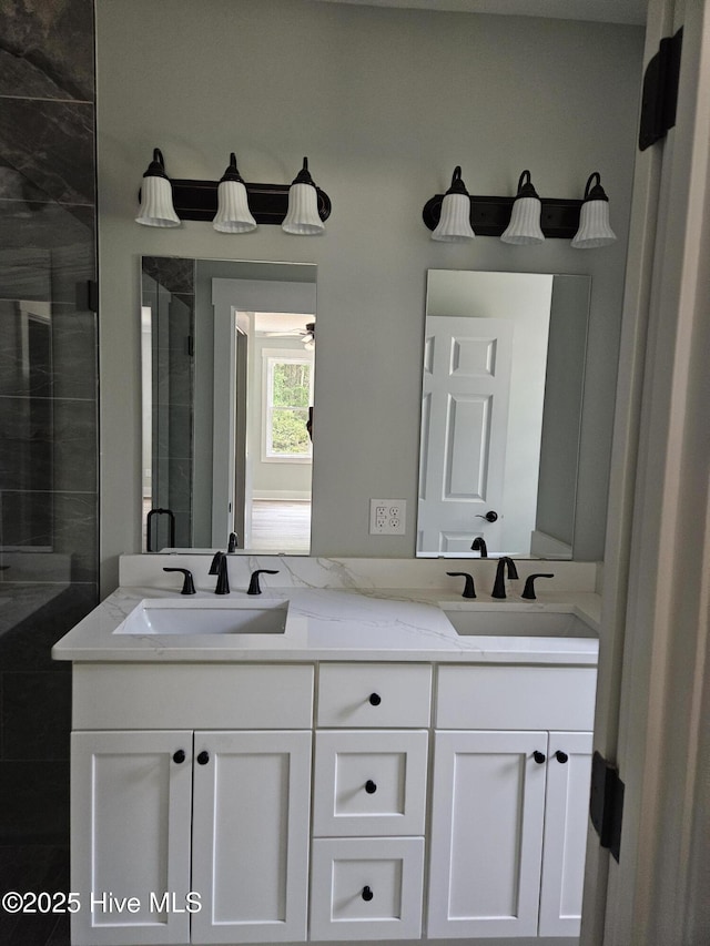 7151 Dale Ave SW, Ocean Isle Beach, NC 28469 - full bathroom featuring double vanity and a stall shower