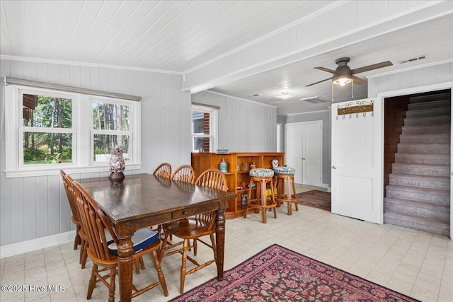 dining space with ornamental molding, wood walls, stairs, light floors, and wood ceiling