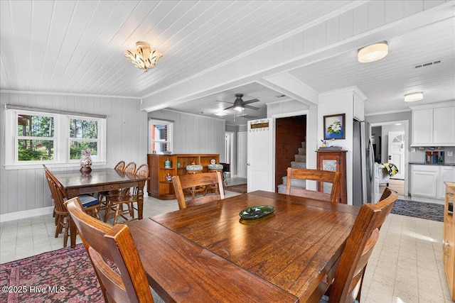 dining room featuring ornamental molding, stairway, wood ceiling, a ceiling fan, and wooden walls