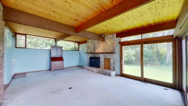 1402 Green Springs Rd, New Bern, NC 28560 - unfurnished living room with wooden ceiling and a stone fireplace