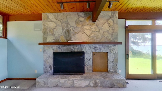 1402 Green Springs Rd, New Bern, NC 28560 - detailed view of a wooden ceiling with exposed beams and a stone fireplace