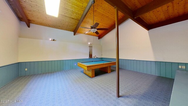 1402 Green Springs Rd, New Bern, NC 28560 - recreation room with wood ceiling, a wainscoted wall, carpet floors, a ceiling fan, and pool table