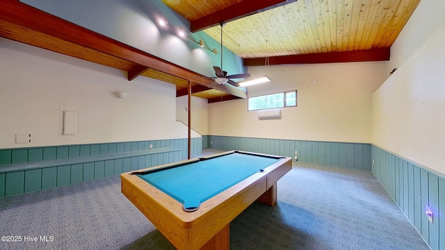 1402 Green Springs Rd, New Bern, NC 28560 - game room featuring carpet flooring, a wainscoted wall, a wood ceiling with exposed beams, a ceiling fan, and billiards table