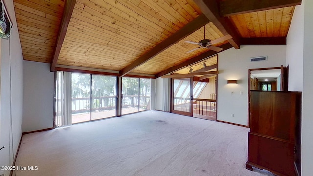 1402 Green Springs Rd, New Bern, NC 28560 - unfurnished living room featuring carpet flooring, ceiling fan, wooden ceiling, and a wall of windows