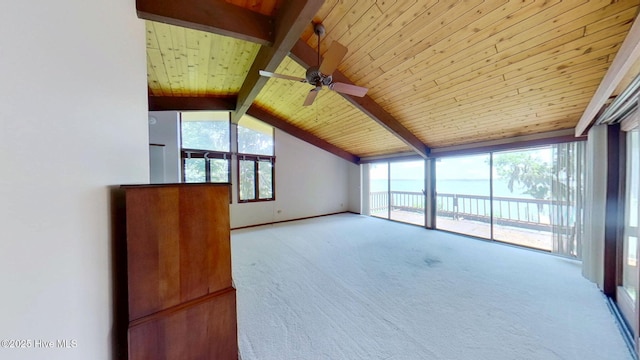 1402 Green Springs Rd, New Bern, NC 28560 - unfurnished living room featuring carpet flooring, ceiling fan, wooden ceiling, and a water view