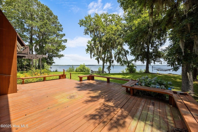 1402 Green Springs Rd, New Bern, NC 28560 - wooden deck with a water view and a lawn