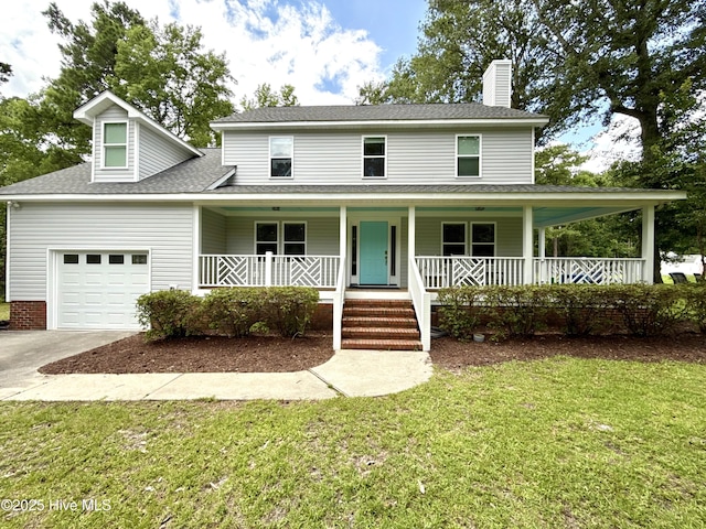 9891 Red Fox, Winnabow, NC 28479 - farmhouse with an attached garage, covered porch, driveway, a front lawn, and a shingled roof