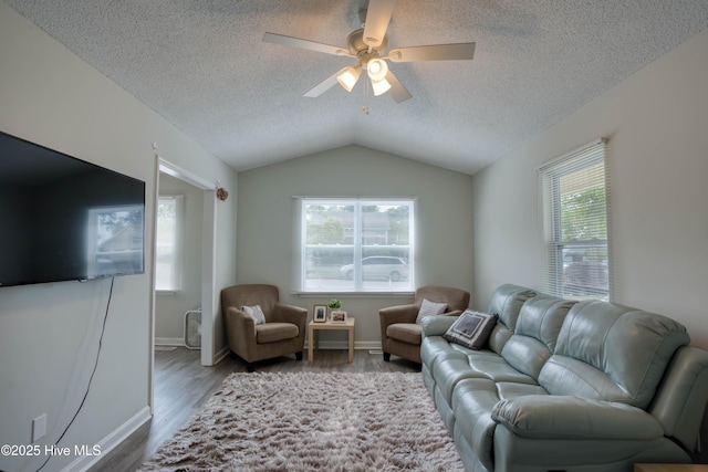 606 Anderson St, Wilmington, NC 28401 - living area featuring wood finished floors, a textured ceiling, healthy amount of natural light, a ceiling fan, and vaulted ceiling