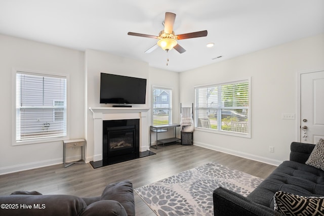 1620 Bratton Ct, Wilmington, NC 28405 - living area with ceiling fan, a glass covered fireplace, wood finished floors, and recessed lighting