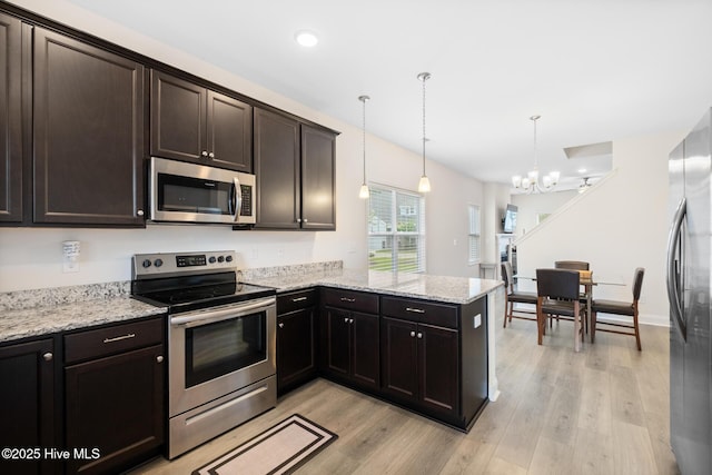 1620 Bratton Ct, Wilmington, NC 28405 - kitchen with stainless steel appliances, a chandelier, light wood-style floors, a peninsula, and dark brown cabinets