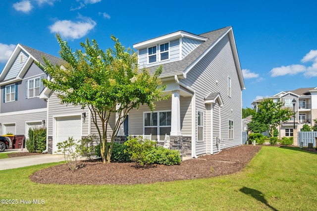 1620 Bratton Ct, Wilmington, NC 28405 - view of front facade with a garage, a front yard, stone siding, roof with shingles, and driveway