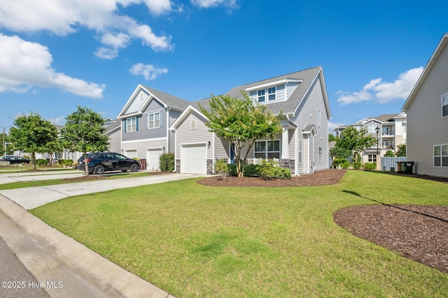 1620 Bratton Ct, Wilmington, NC 28405 - view of front of house featuring concrete driveway, a residential view, a front lawn, a shingled roof, and stone siding