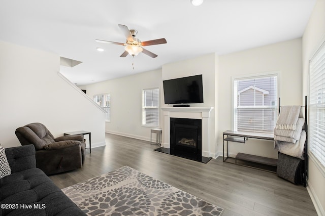 1620 Bratton Ct, Wilmington, NC 28405 - living room with ceiling fan, wood finished floors, a fireplace, and recessed lighting