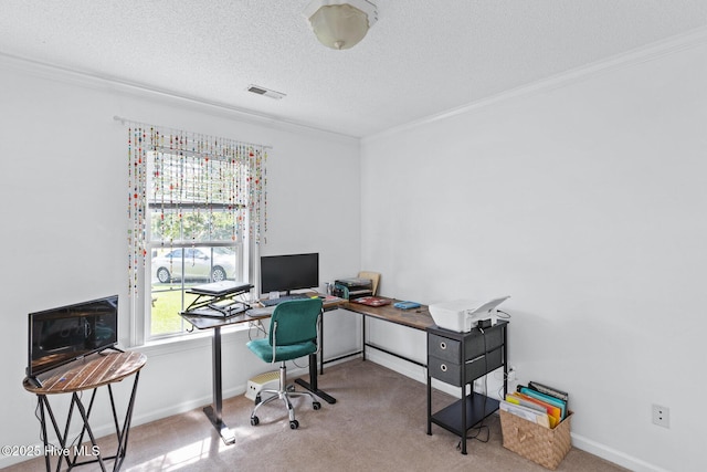 2827 Sapling Cir, Wilmington, NC 28411 - home office with carpet, ornamental molding, and a textured ceiling