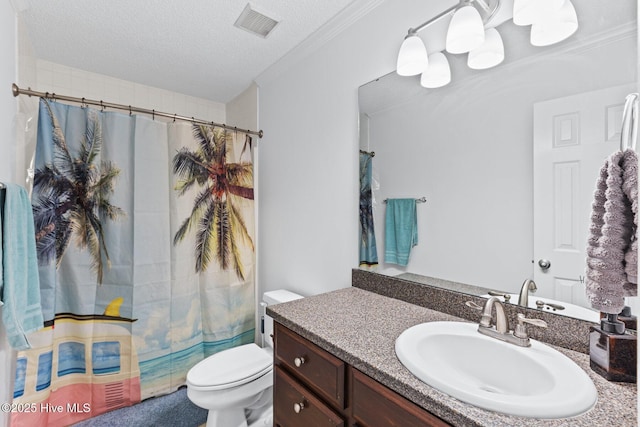 2827 Sapling Cir, Wilmington, NC 28411 - bathroom featuring vanity, a shower with curtain, a textured ceiling, and ornamental molding