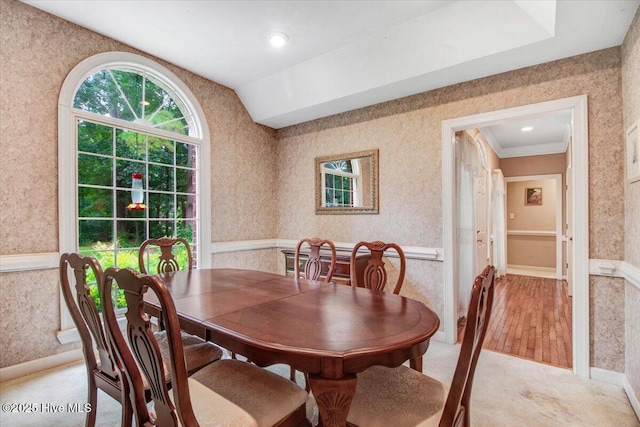 104 Tall Pines Pl, Goldsboro, NC 27534 - dining area with wallpapered walls, light colored carpet, recessed lighting, and vaulted ceiling