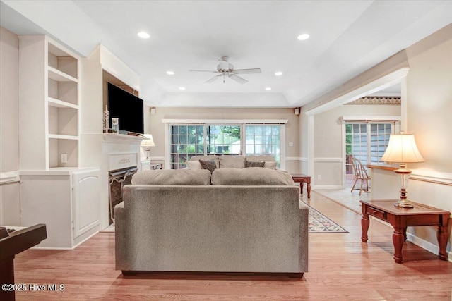104 Tall Pines Pl, Goldsboro, NC 27534 - living area featuring ceiling fan, light wood-style flooring, a fireplace, and recessed lighting