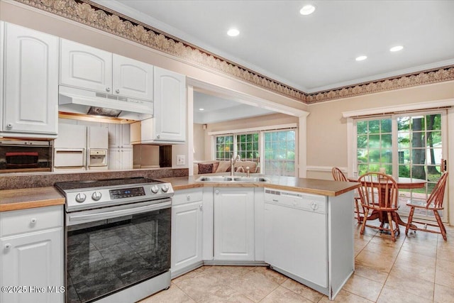 104 Tall Pines Pl, Goldsboro, NC 27534 - kitchen featuring stainless steel electric range oven, under cabinet range hood, white dishwasher, light tile patterned floors, and recessed lighting