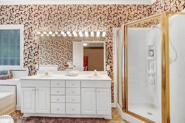 104 Tall Pines Pl, Goldsboro, NC 27534 - full bathroom featuring wallpapered walls, a shower stall, and double vanity
