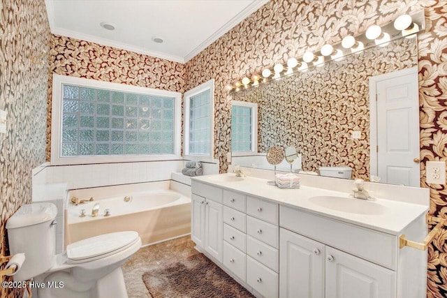 104 Tall Pines Pl, Goldsboro, NC 27534 - bathroom featuring wallpapered walls, crown molding, a bath, and double vanity