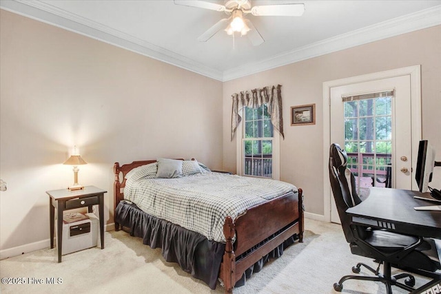104 Tall Pines Pl, Goldsboro, NC 27534 - bedroom with light colored carpet, ornamental molding, a desk, access to outside, and ceiling fan
