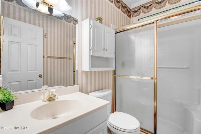 104 Tall Pines Pl, Goldsboro, NC 27534 - bathroom featuring wallpapered walls, a shower stall, and vanity