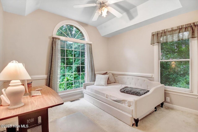 104 Tall Pines Pl, Goldsboro, NC 27534 - carpeted bedroom with lofted ceiling, multiple windows, and ceiling fan
