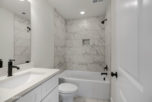 208 Triton Ln, Surf City, NC 28445 - full bathroom with marble look tile flooring, vanity, washtub / shower combination, and recessed lighting