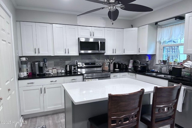 2903 Cedar Creek Rd Apt B, Greenville, NC 27834 - kitchen with appliances with stainless steel finishes, ceiling fan, a kitchen breakfast bar, tasteful backsplash, and crown molding
