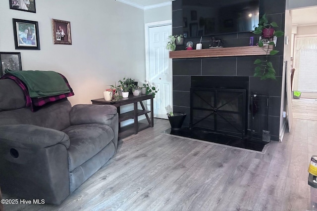 2903 Cedar Creek Rd Apt B, Greenville, NC 27834 - living room featuring crown molding, wood finished floors, and a tile fireplace