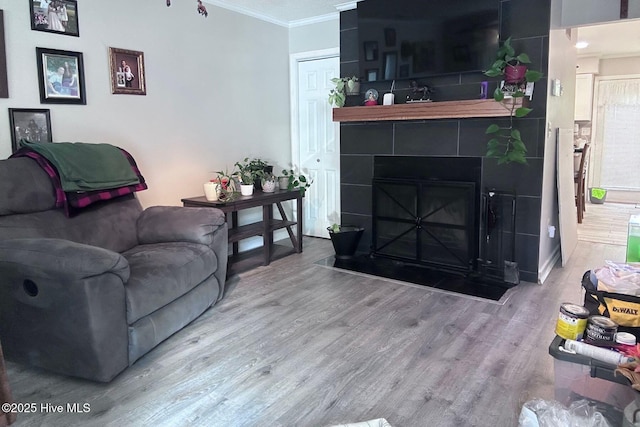 2903 Cedar Creek Rd Apt B, Greenville, NC 27834 - living room featuring ornamental molding, wood finished floors, and a tiled fireplace
