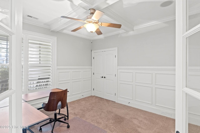 9385 Fallen Pear Ln NE, Leland, NC 28451 - office area featuring carpet, beamed ceiling, ornamental molding, ceiling fan, and a decorative wall