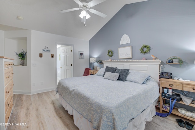660 Pine Branches Cir SE, Leland, NC 28451 - bedroom featuring light wood finished floors, high vaulted ceiling, and a ceiling fan