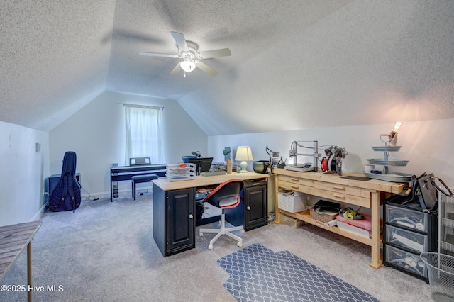 660 Pine Branches Cir SE, Leland, NC 28451 - office space with a textured ceiling, vaulted ceiling, ceiling fan, and light carpet