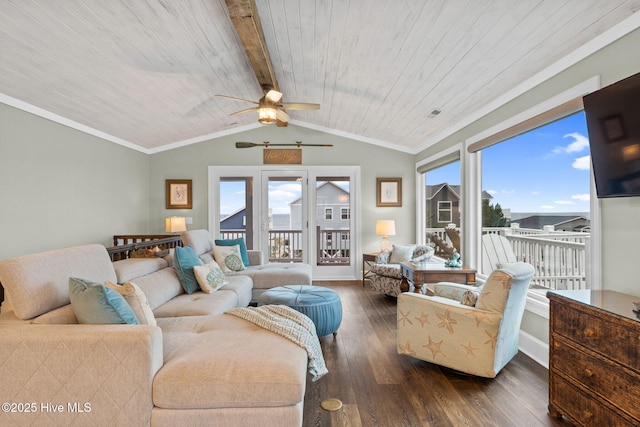 6626 W Beach Dr, Oak Island, NC 28465 - living area with wood ceiling, dark wood-style flooring, healthy amount of natural light, a ceiling fan, and ornamental molding